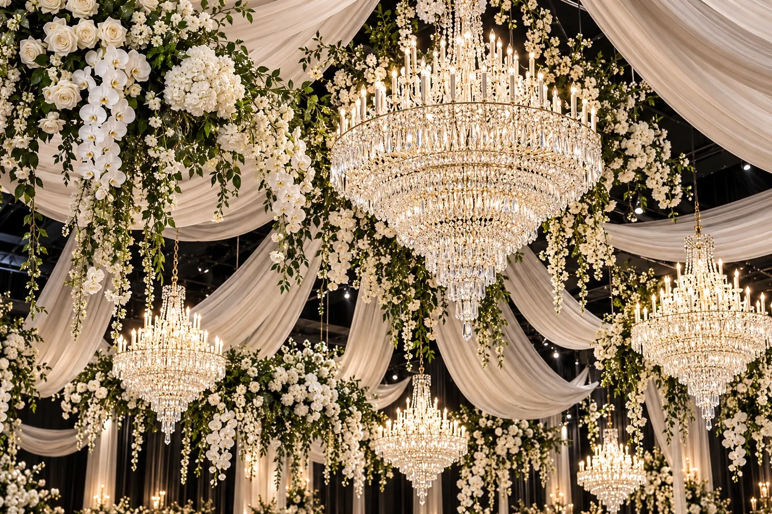 Ceiling drapery and chandeliers