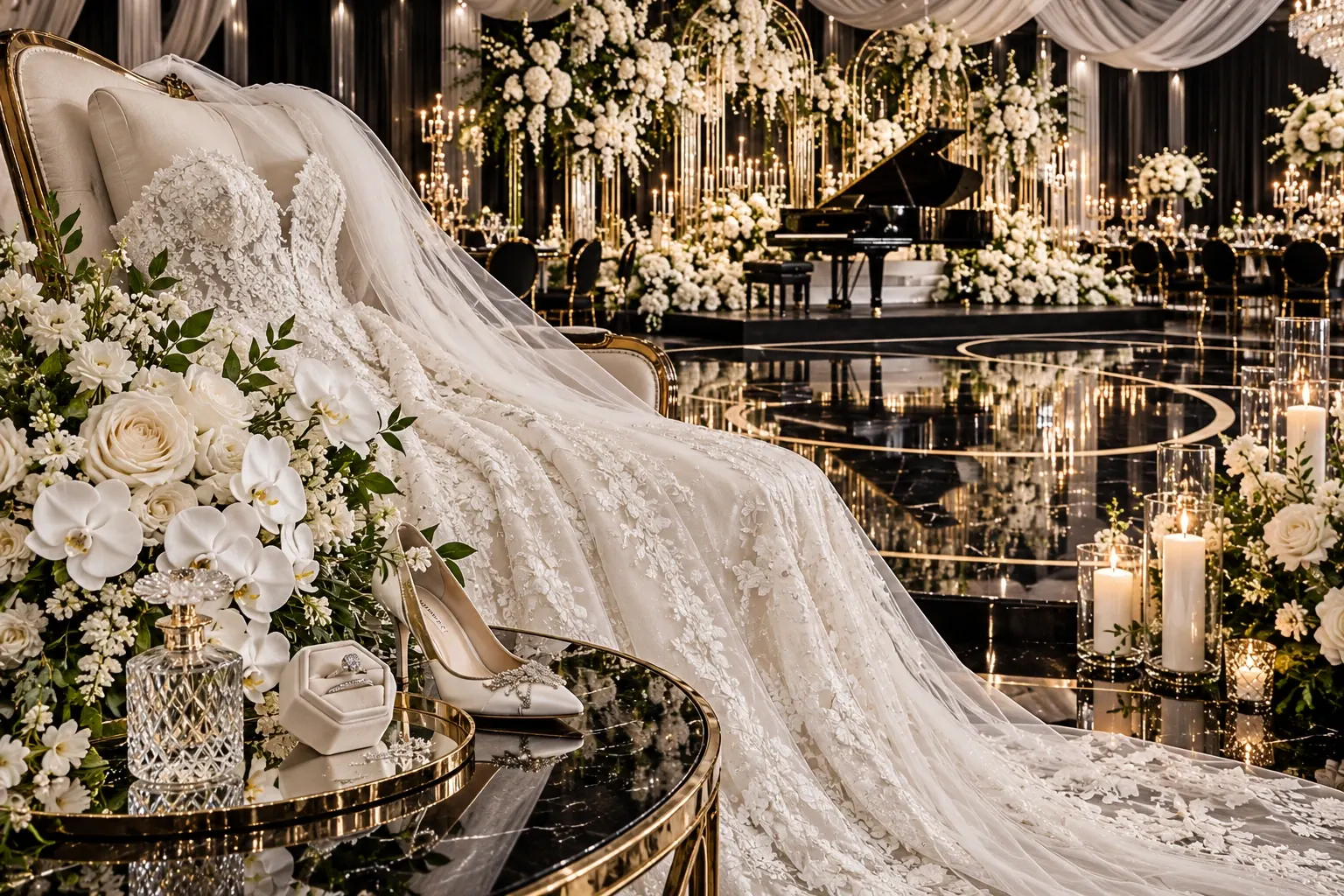Bridal train and floral still life