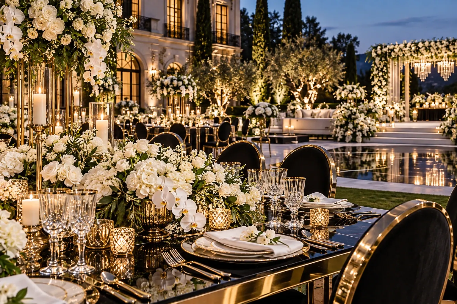 An estate reception at dusk