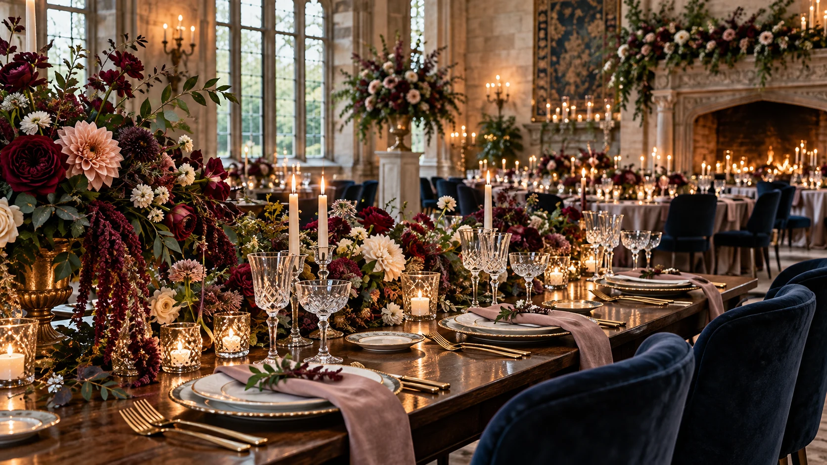 A richly colored reception with burgundy florals, greenery and crystal table details.