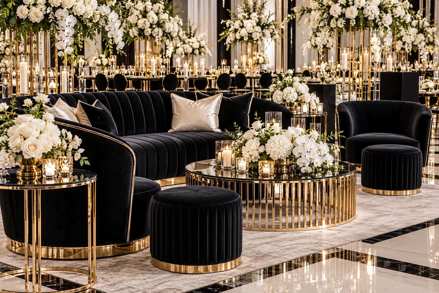 Black velvet and gold seating